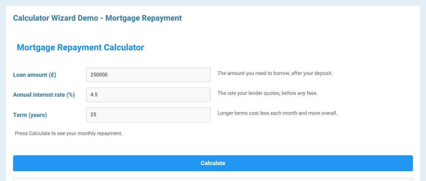 Mortgage repayment calculator with loan amount, annual interest rate and term fields and a Calculate button