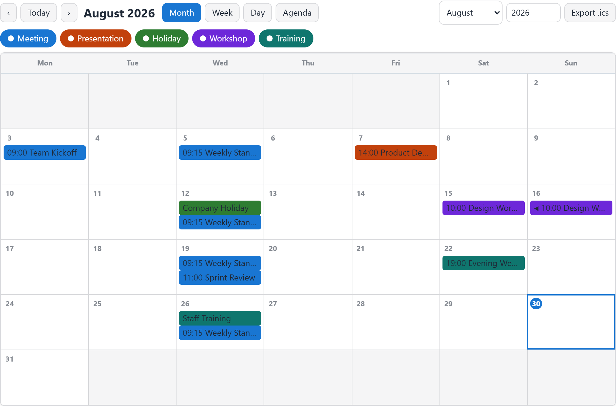 The Combined Calendar preview: tabs for month, week, day and agenda above a single calendar widget.