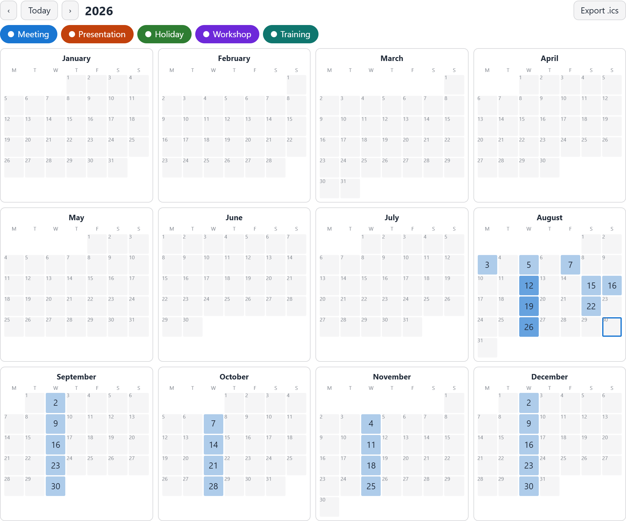 The Year Overview preview: twelve mini month grids with days shaded by how many events fall on them.