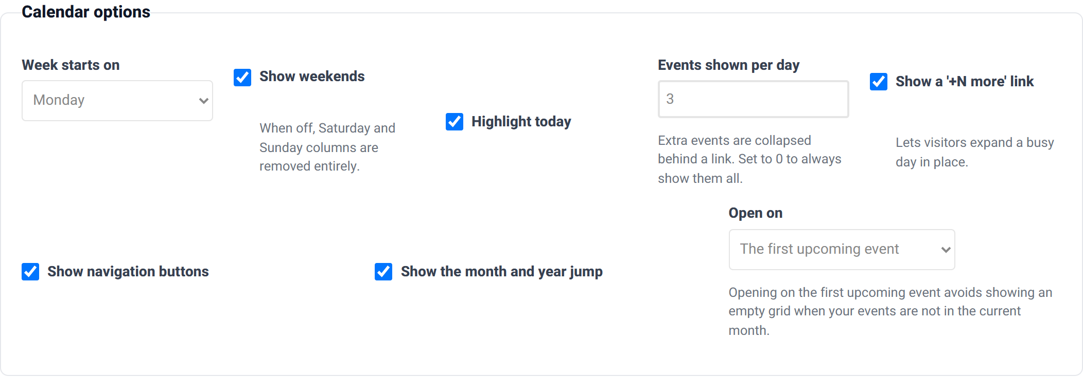 The Calendar options group with weekend, today, week start, event limit, navigation and opening date controls.