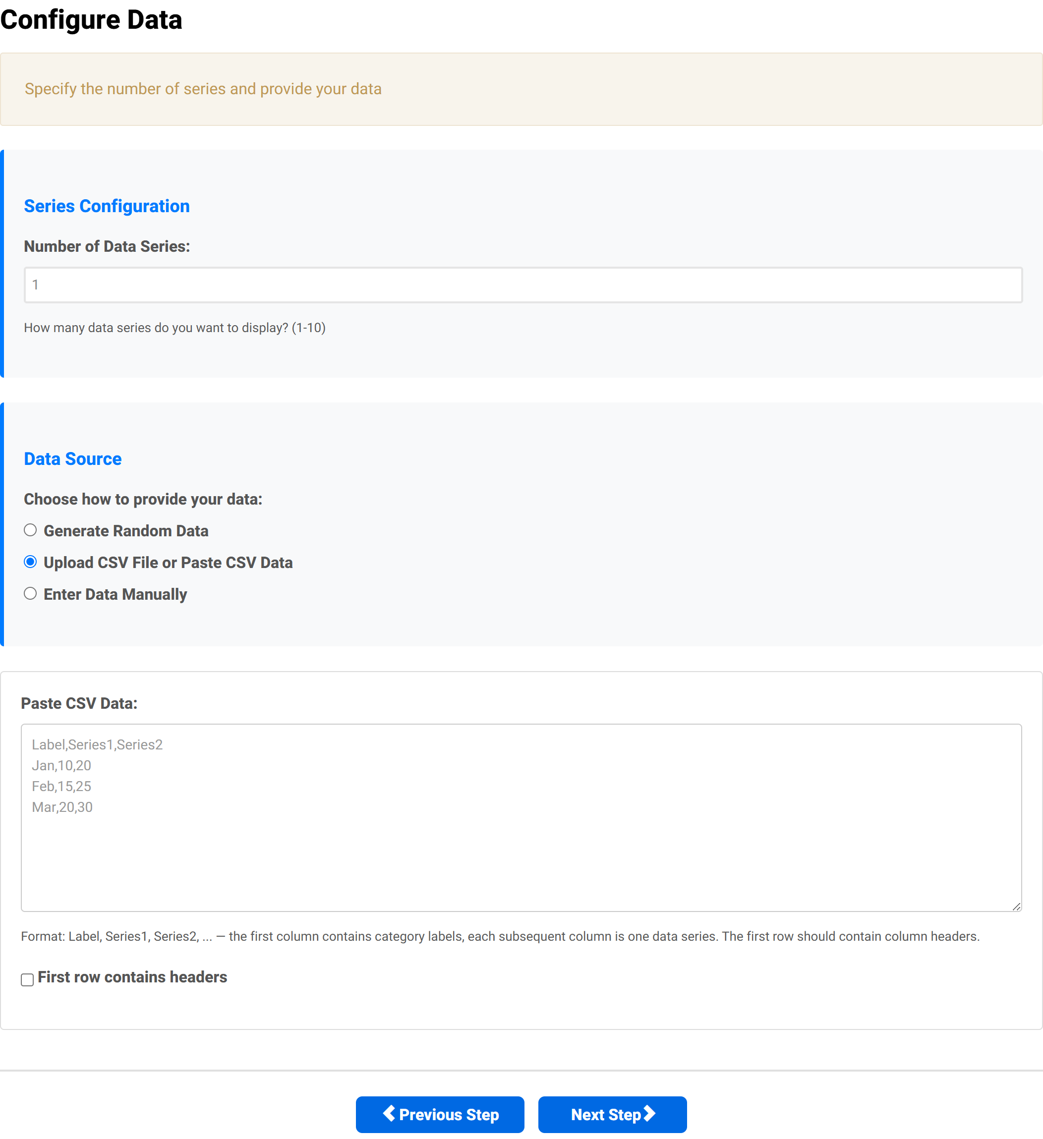 Step 2 with the CSV data source chosen, showing the paste area, the file upload control and the headers checkbox.