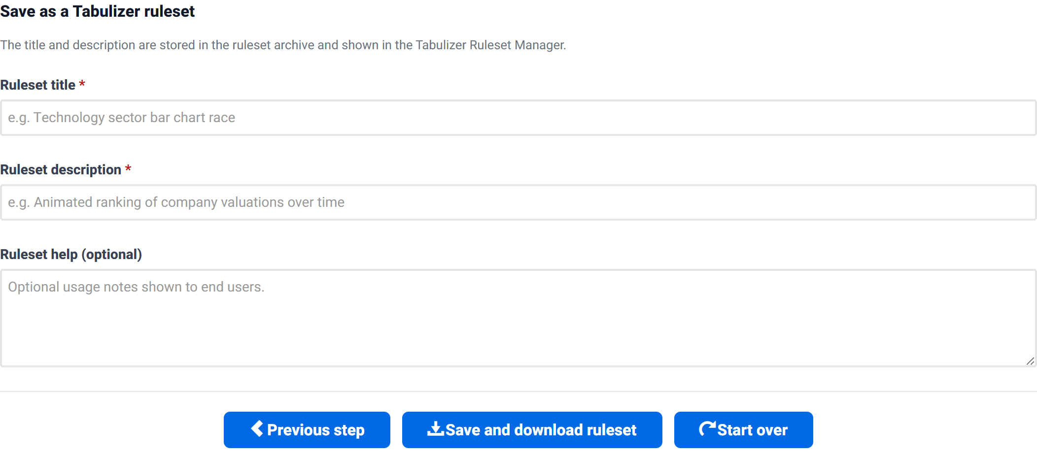 The save form with ruleset title, description and help fields.
