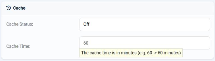 The Cache card of the data source form in the Joomla administrator, with the Cache Status dropdown set to Off and the Cache Time field set to 60, beside a tip saying the cache time is in minutes.