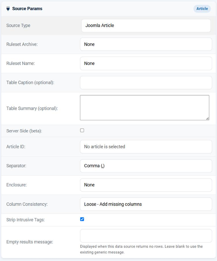 The Source Params card of a Joomla Article data source in the Joomla administrator, showing the common fields and then Article ID reading No article is selected, Separator set to Comma, Enclosure set to None, Column Consistency set to Loose and the Strip Intrusive Tags box ticked.