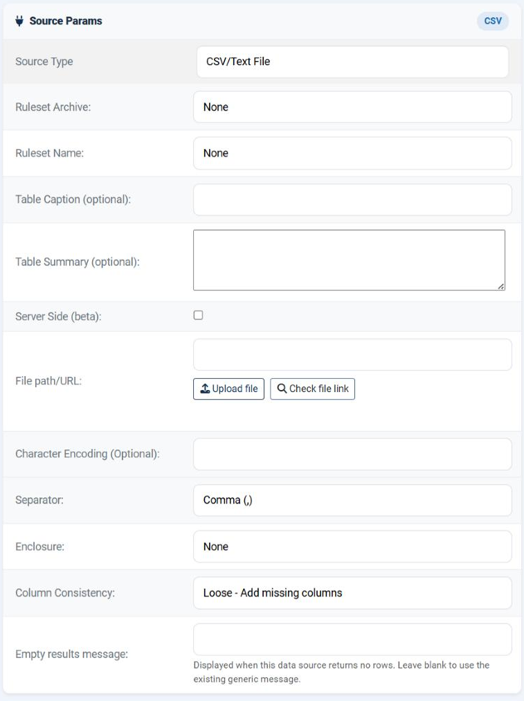 The Source Params card of a CSV/Text File data source in the Joomla administrator, showing Source Type, Ruleset Archive, Ruleset Name, Table Caption, Table Summary, Server Side, File path/URL with its Upload file and Check file link buttons, Character Encoding, Separator, Enclosure, Column Consistency and Empty results message.