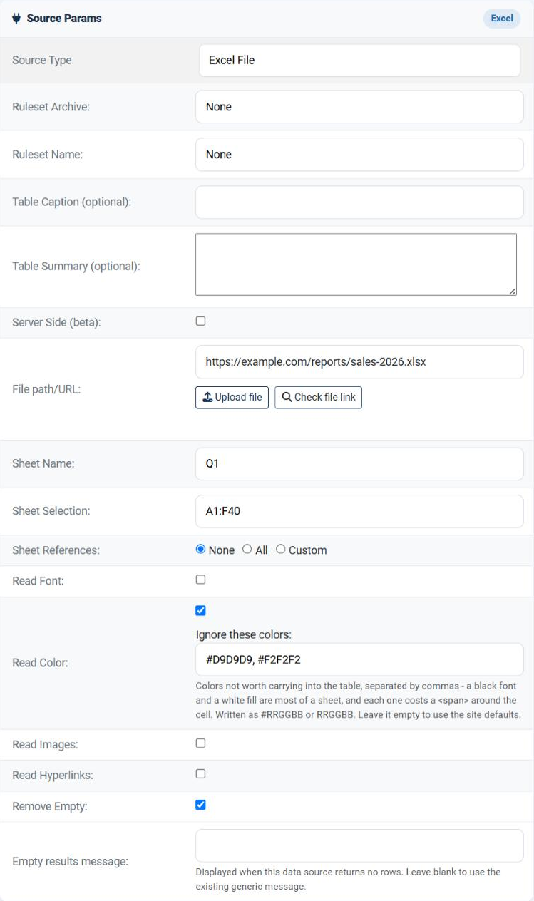 The Source Params card of an Excel File data source in the Joomla administrator, showing Source Type set to Excel File, the Ruleset Archive and Ruleset Name selects, Table Caption, Table Summary and Server Side, then File path/URL with its Upload file and Check file link buttons, Sheet Name, Sheet Selection, Sheet References with its None, All and Custom radio buttons, the Read Font, Read Color, Read Images and Read Hyperlinks boxes with Read Color ticked and its Ignore these colors field filled in, Remove Empty, and Empty results message.