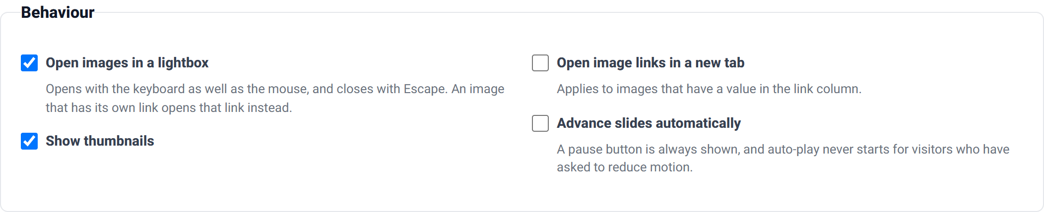 The Behaviour group for Carousel, which adds show thumbnails, advance slides automatically and time on each slide controls.