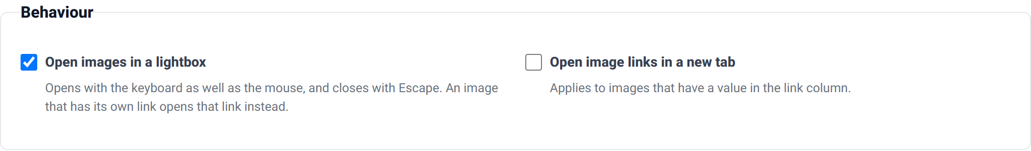 The Behaviour group for Classic Grid, showing only the lightbox and open-links-in-new-tab checkboxes.