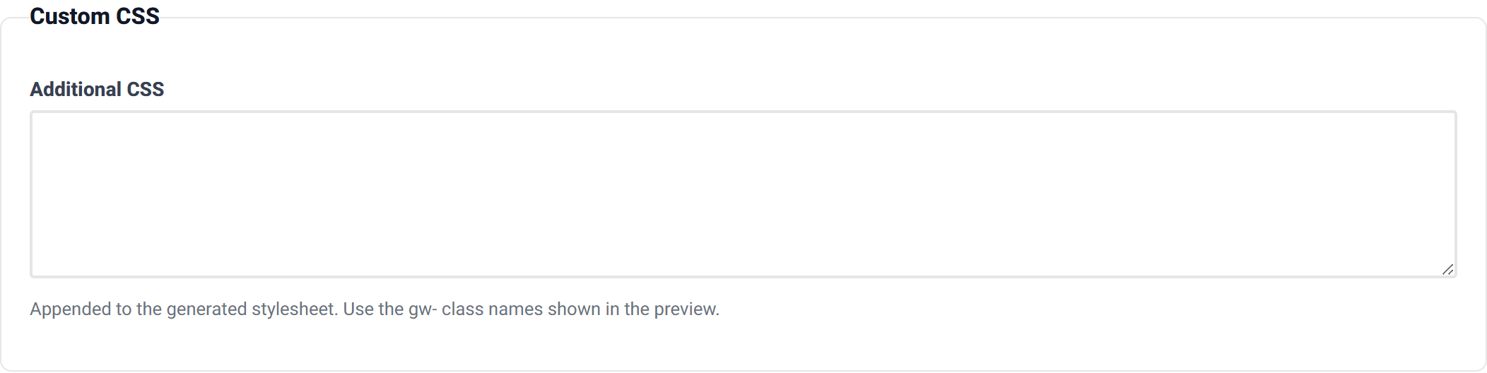 The Custom CSS group with an empty textarea and help text.