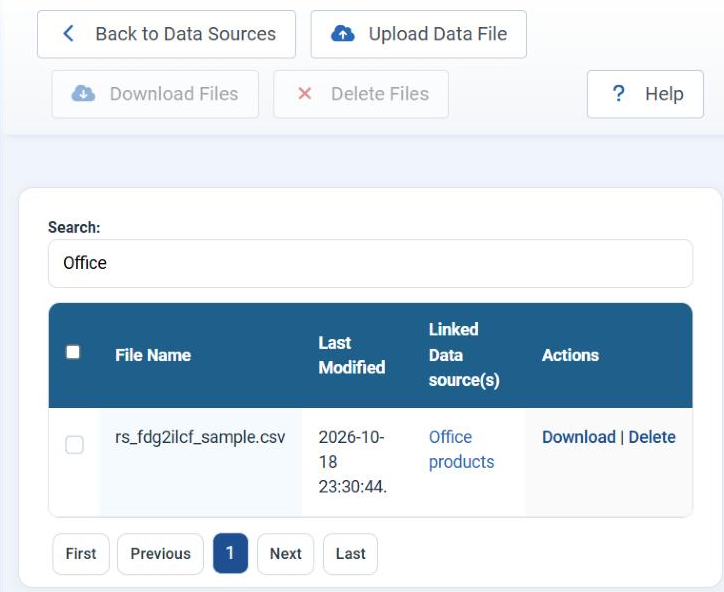The Data Files page of Tabulizer in Joomla, with Back to Data Sources, Upload Data File, Download Files, Delete Files and Help in the toolbar, listing rs_fdg2ilcf_sample.csv, its last modified time, the linked data source Office products, and Download and Delete actions.