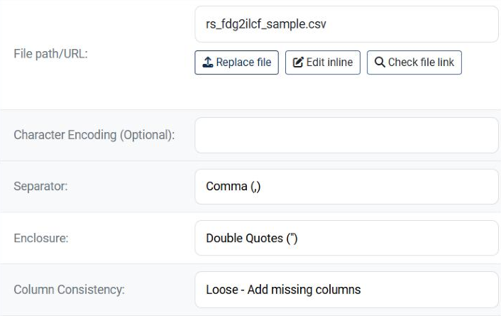The File path/URL field of the Office products data source, holding rs_fdg2ilcf_sample.csv, with the buttons Replace file, Edit inline and Check file link, followed by Character Encoding, Separator Comma, Enclosure Double Quotes, Column Consistency and Empty results message.
