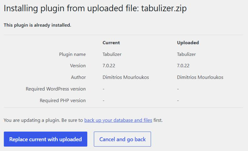 The WordPress screen Installing plugin from uploaded file: tabulizer.zip, saying This plugin is already installed, with a table comparing the current and the uploaded Tabulizer - plugin name, version, author and required WordPress and PHP versions - a reminder to back up your database and files, and the buttons Replace current with uploaded and Cancel and go back.