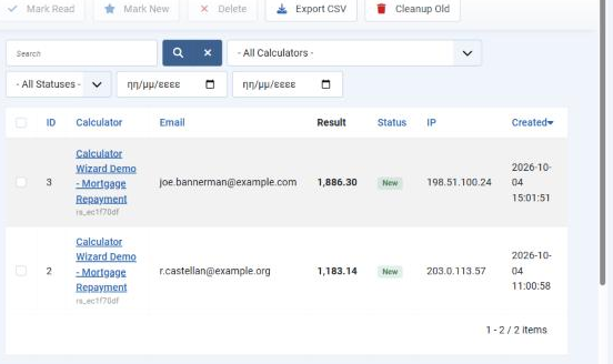 The Calculator Leads page in the Joomla administrator, showing the Mark Read, Mark New, Delete, Export CSV and Cleanup Old toolbar buttons, a search box, the calculator and status filters with two date fields, and a table of leads with ID, Calculator, Email, Result, Status, IP and Created columns.