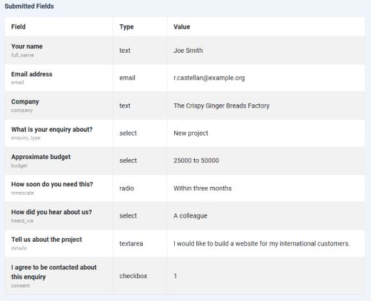 The Submitted Fields table of a form submission, listing nine answers with their field labels, identifiers and types: name and company as text, an email address, three select fields for enquiry type, budget and timescale, a radio field, a textarea holding the project description, and a consent checkbox.