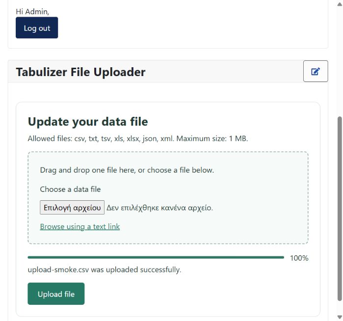 The Tabulizer File Uploader module on a Joomla site, with a 1 MB user limit and a successful CSV upload at 100 percent.
