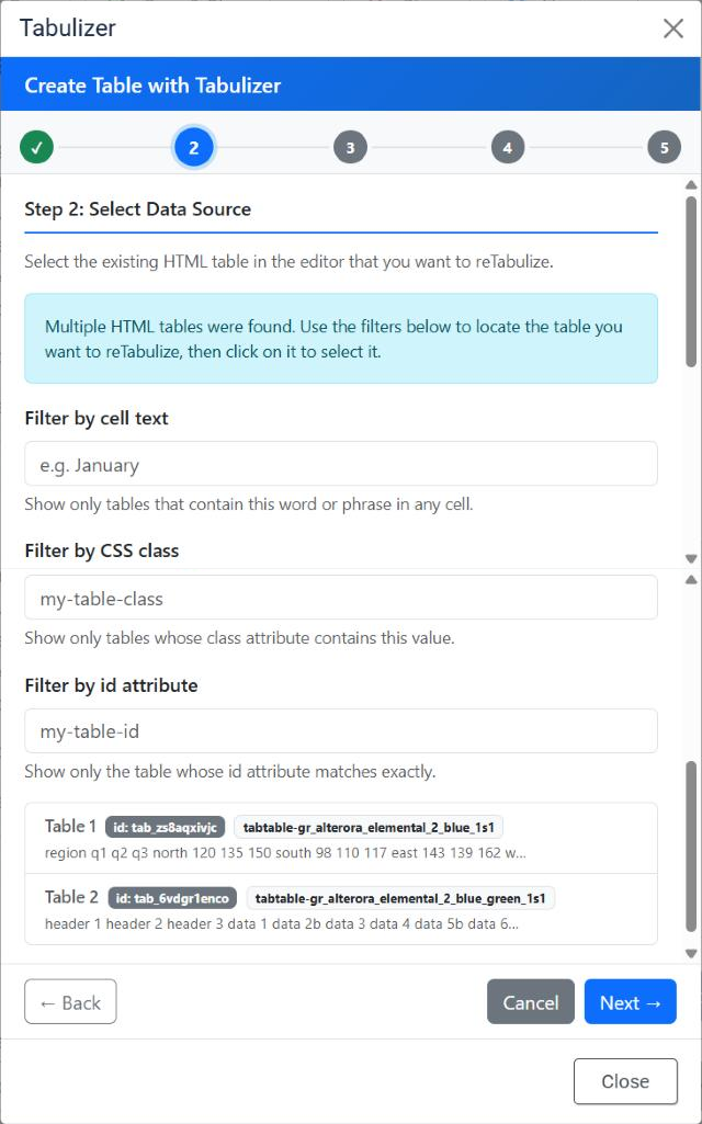 Step 2 of the Tabulizer wizard in ReTabulize mode, showing a note that multiple HTML tables were found, filters for cell text, CSS class and id attribute, and a list of two tables each showing its id, its ruleset class and a preview of its cell contents.