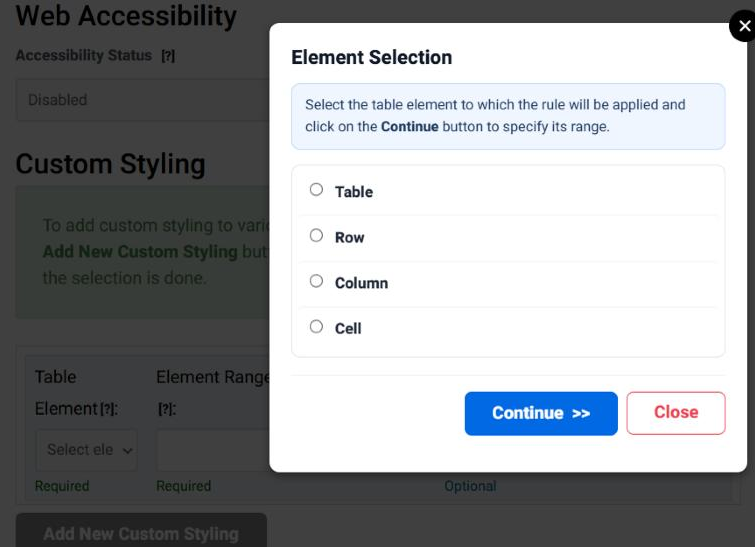 The Custom Styling section in step 3 of the Table Wizard, with the Add New Custom Styling button and the Element Selection dialog asking whether the rule applies to the Table, a Row, a Column or a Cell.