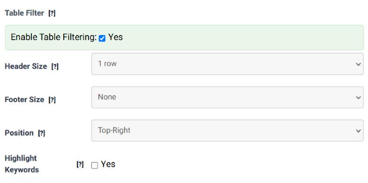 The Table Filter panel in step 4 of the Table Wizard, with Enable Table Filtering ticked and the Header Size, Footer Size, Position and Highlight Keywords options below it.