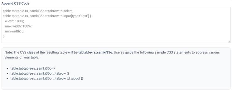 The Append CSS Code box in step 5 of the Table Wizard holding the rule that sets width 100%, max-width 100% and min-width 0 on the select and text filters of table tabtable-rs_samki35o, above the note naming the table's CSS class.
