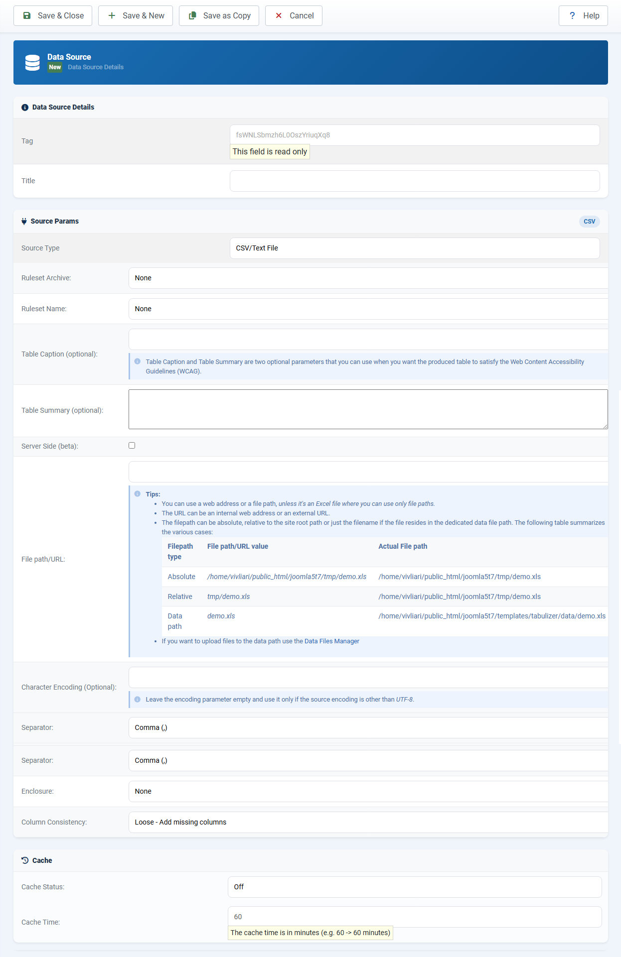 Tabulizer data source edit screen with tag, source type, ruleset, server side option, file path and cache settings