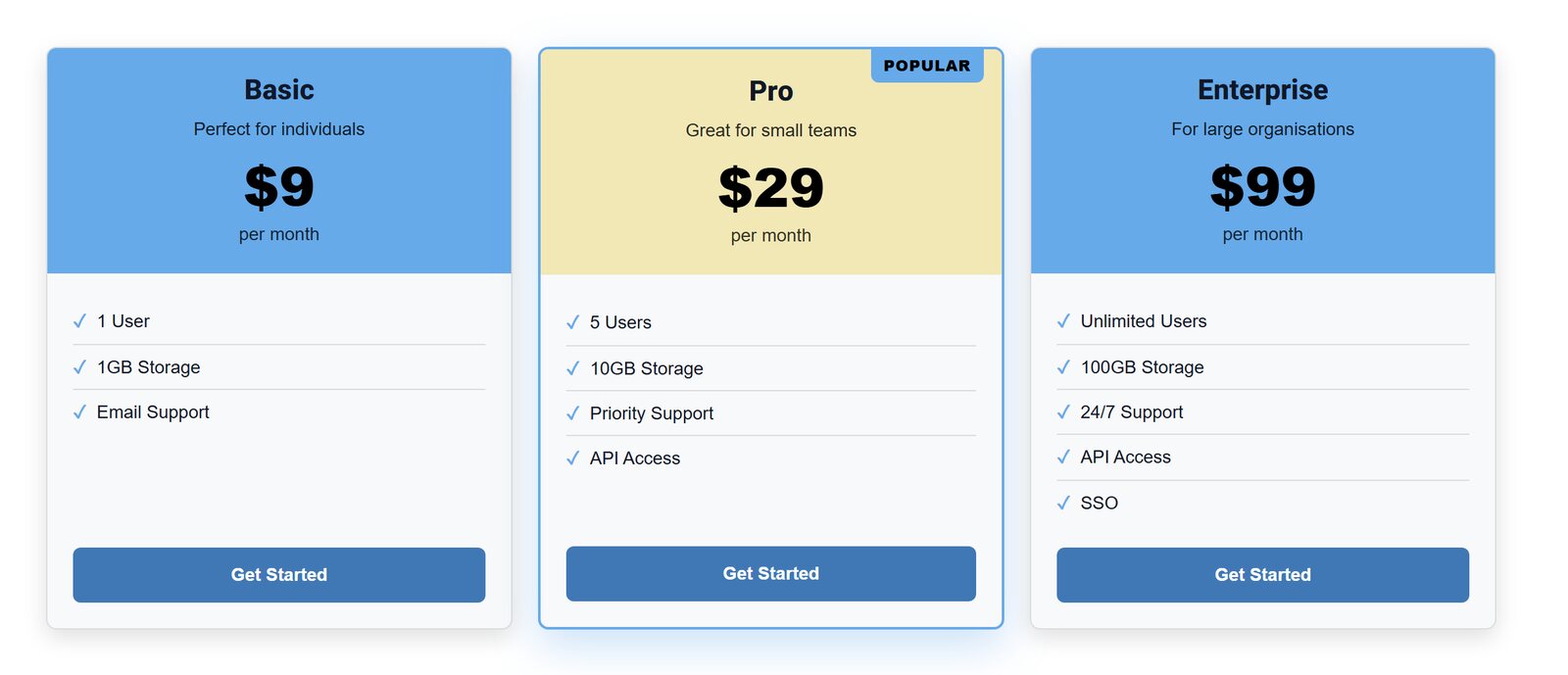 Pricing table demo with plan cards, prices, feature lists and buttons