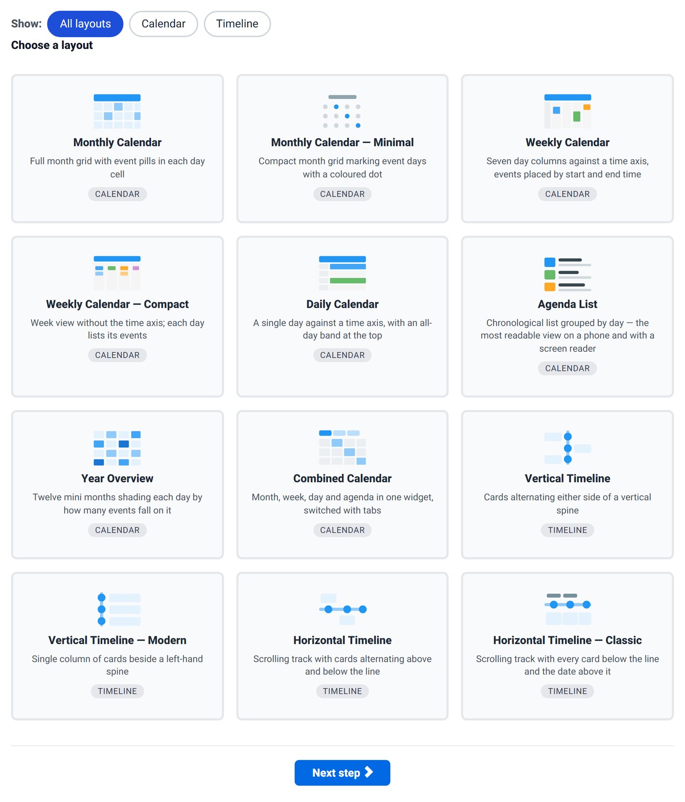 Calendars and Timelines Wizard template gallery with calendar and timeline layouts