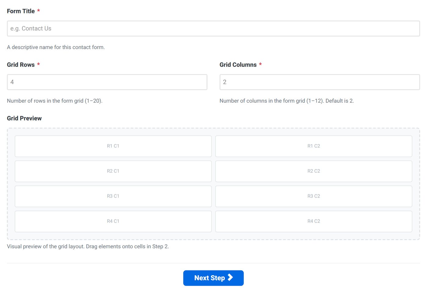 Form Builder layout grid for arranging contact form fields