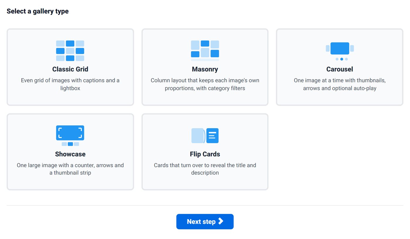 Gallery Wizard template selection with Classic Grid, Masonry, Carousel, Showcase and Flip Cards