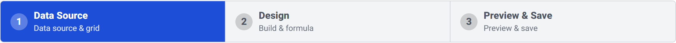 The wizard progress bar showing three steps: Data Source, Design, and Preview and Save.