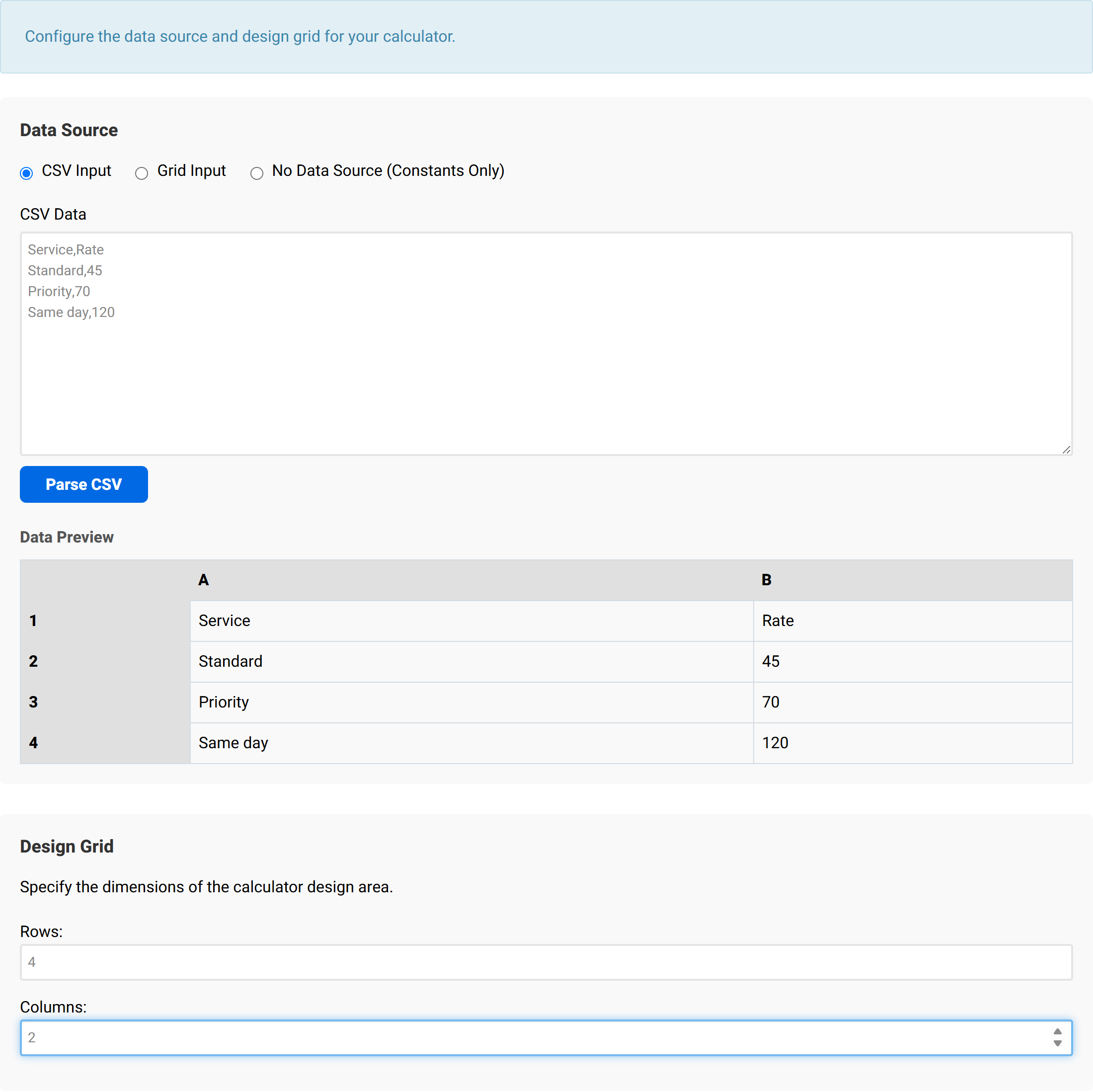Step 1 with the rate card pasted in and the parsed data preview showing lettered columns A and B and numbered rows 1 to 4.
