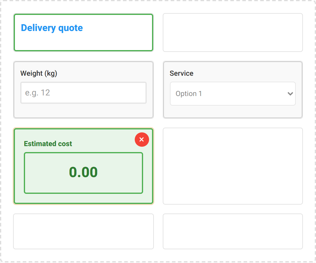 The design canvas with a header, a weight input, a service dropdown and a result element placed on the grid.