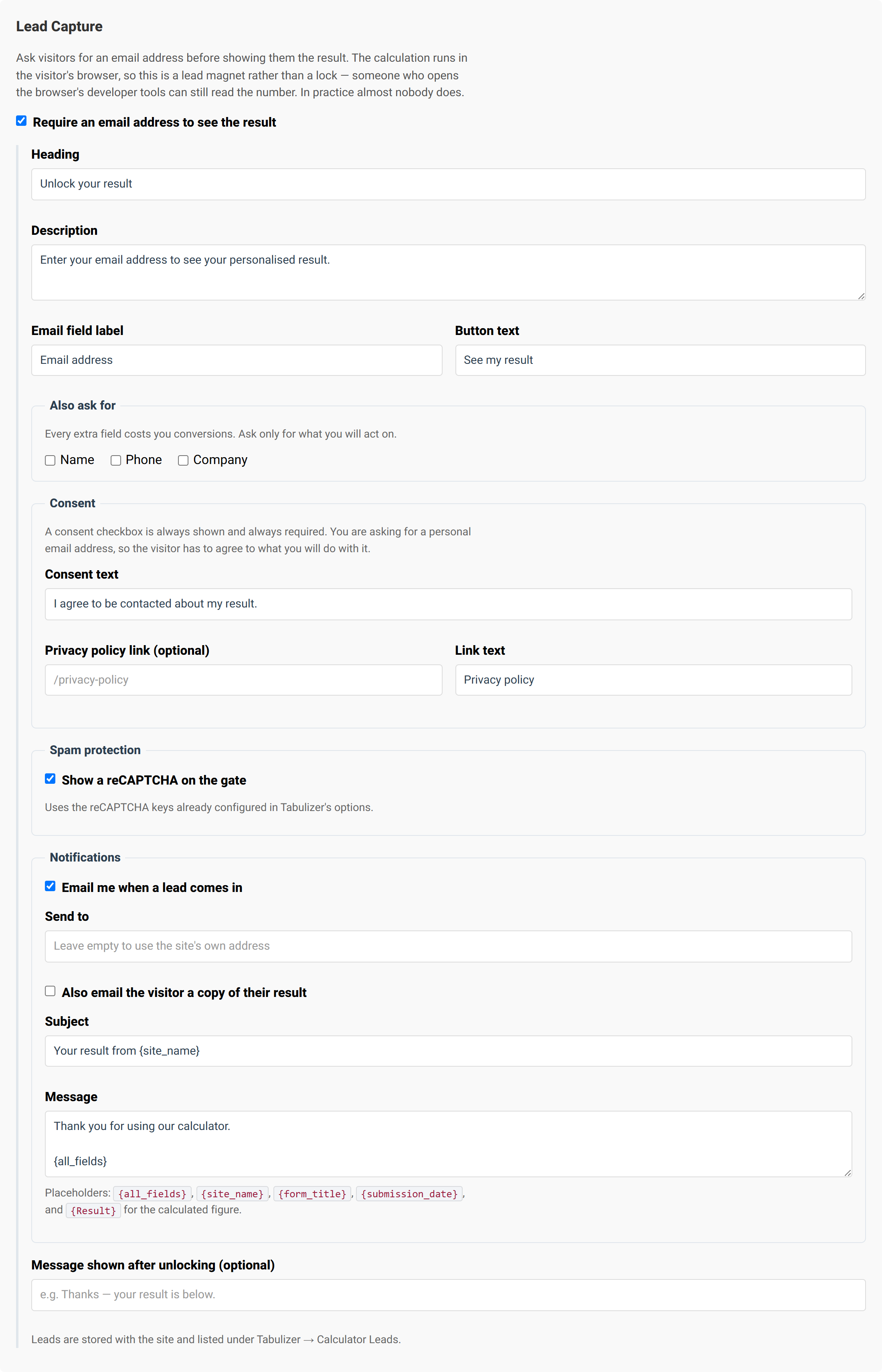 The lead capture section expanded, showing heading, description, email field label, button text, consent and privacy link fields, reCAPTCHA and notification email options.