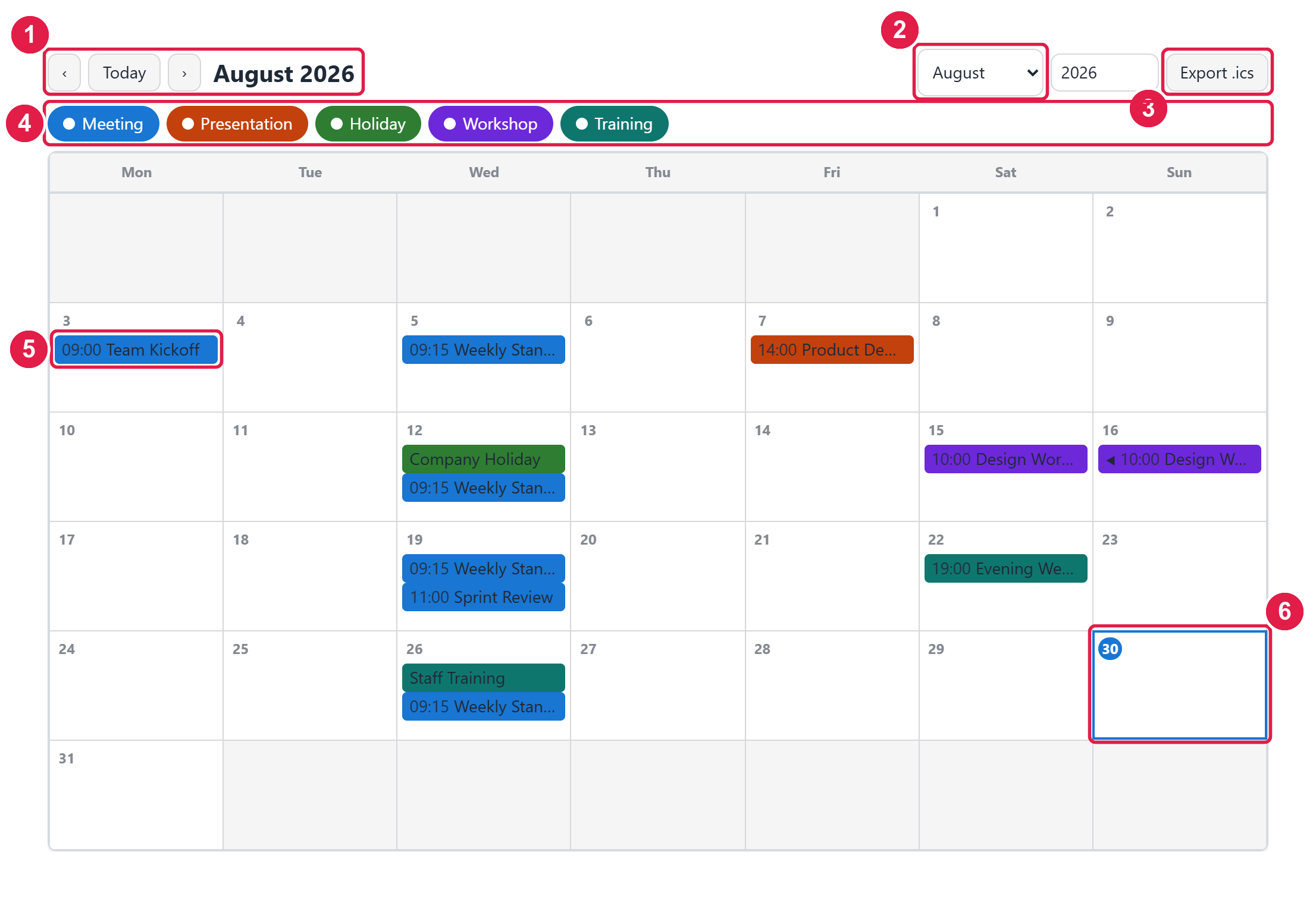 The Monthly Calendar preview with six numbered callouts marking navigation, quick jump, the ICS export button, category filters, an event pill and the highlighted current day.