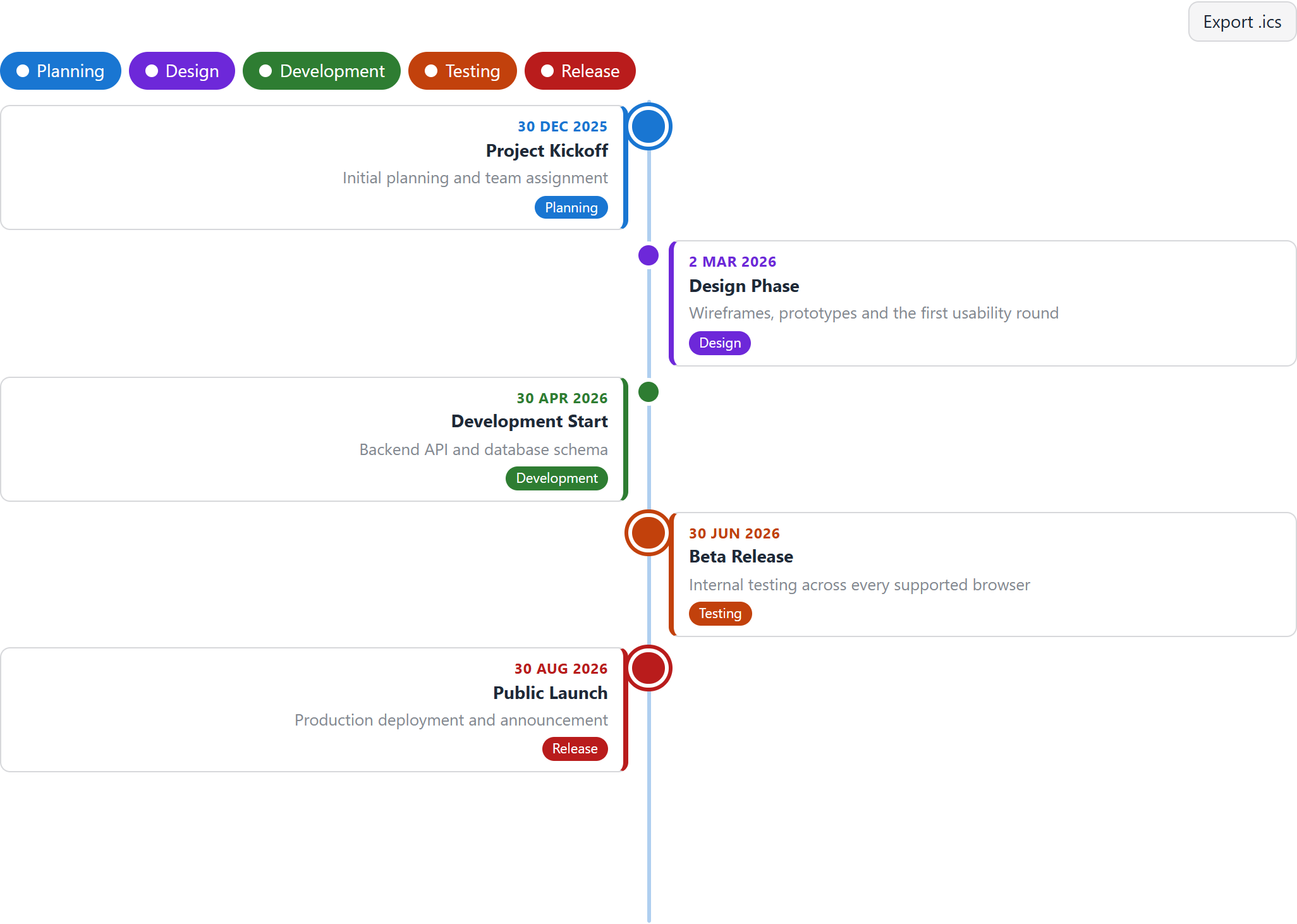 The Vertical Timeline preview: event cards alternating either side of a vertical line with dated markers.