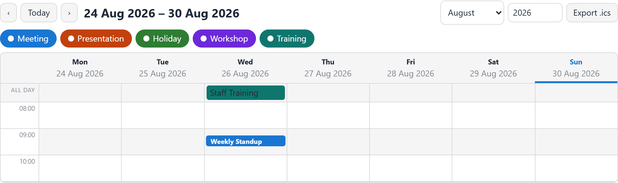 The Weekly Calendar preview: seven day columns against an hour-by-hour time axis with events positioned by their start and end times.
