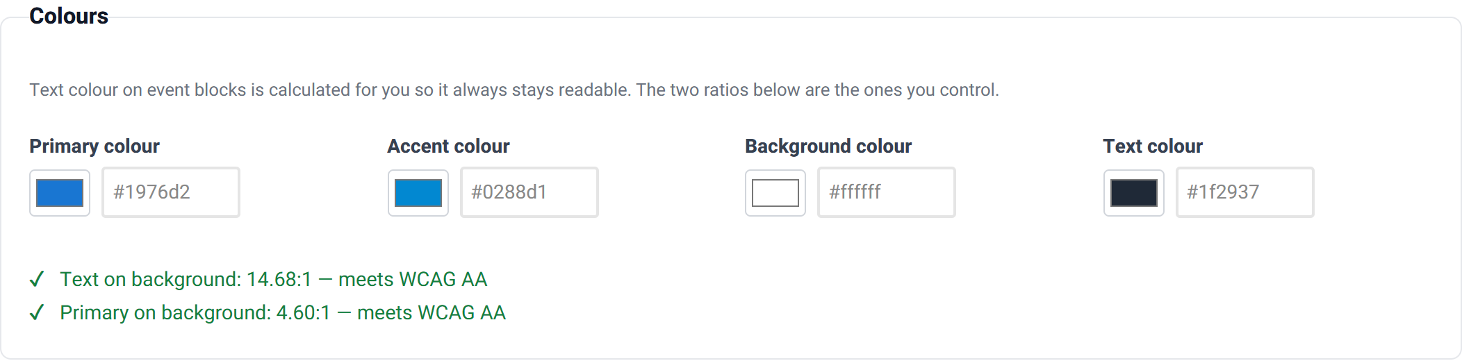 The Colours group with primary, accent, background and text colour pickers and live contrast ratio readouts.