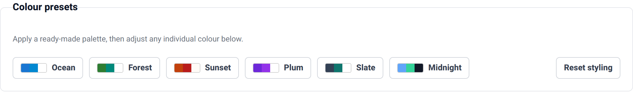 The colour presets row with six palette buttons and a reset button.