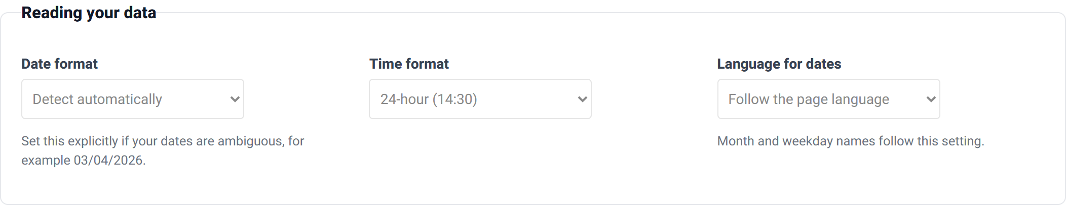 The Reading your data group with date format, time format and locale dropdowns.