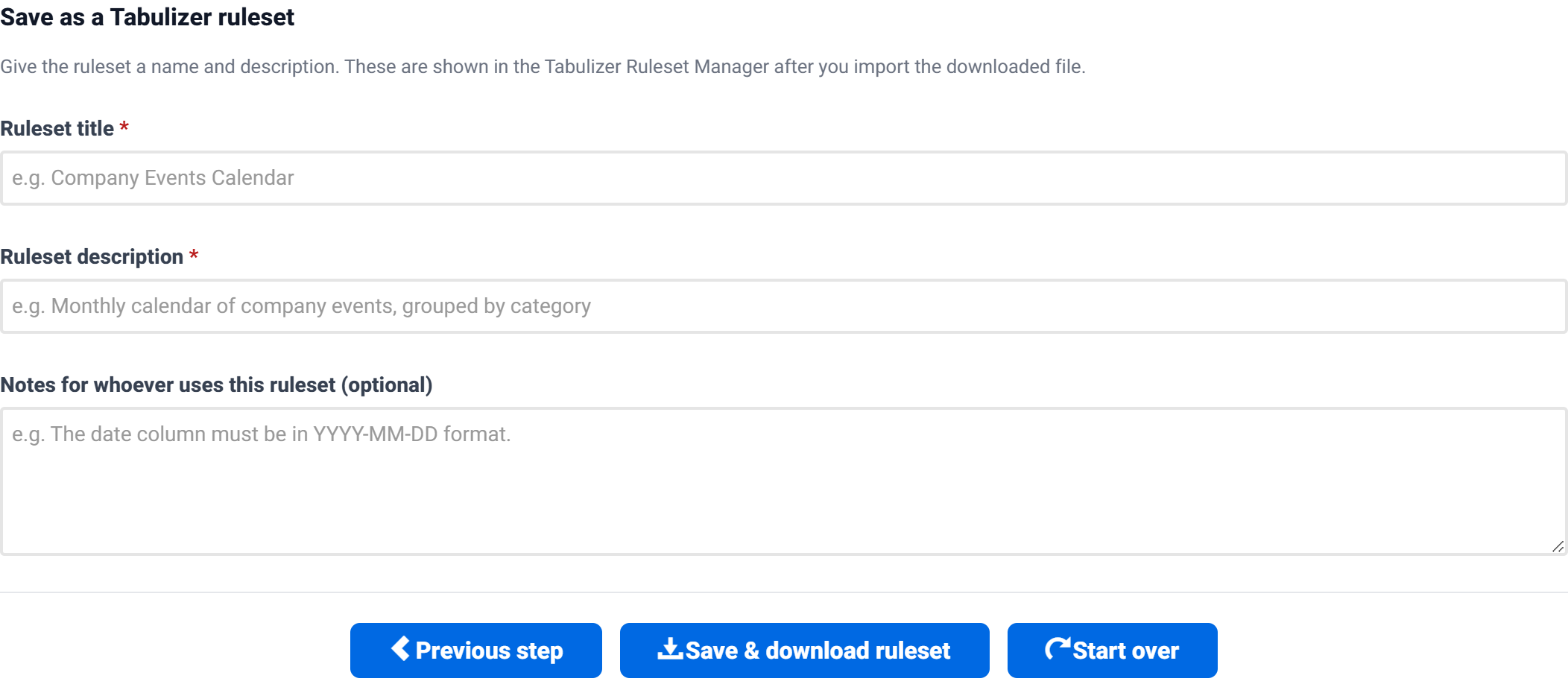 The save form with ruleset title, description and notes fields and the save and download button.