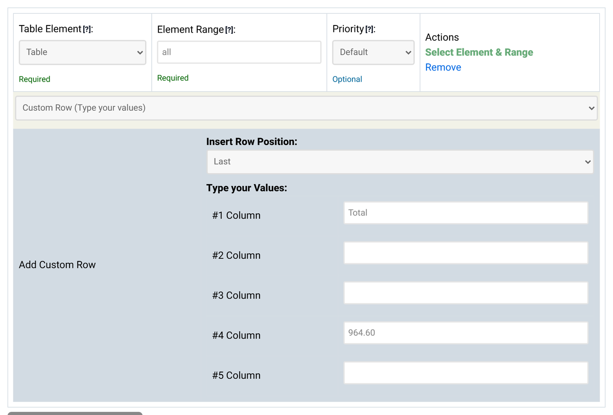 A Data Addition rule in step 5 of the Table Wizard: Table Element Table, Element Range all, Custom Row selected, Insert Row Position Last, and the values Total in column 1 and 964.60 in column 4.