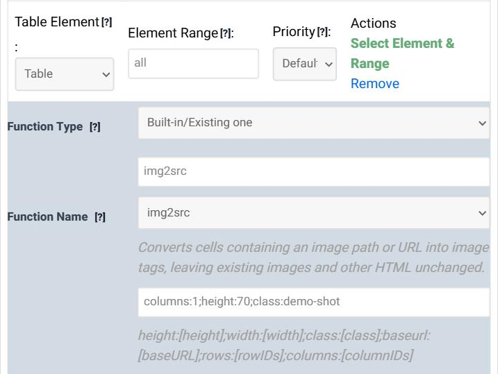 A Data Modification rule in step 5 of the Table Wizard with Function Name img2src, its description, the arguments columns:1;height:70;class:demo-shot and the argument format with height, width, class, baseurl, rows and columns.