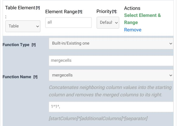 A Data Modification rule in step 5 of the Table Wizard with Function Name mergecells, its description, the arguments 1^1^, and the argument format [startColumn]^[additionalColumns]^[separator].