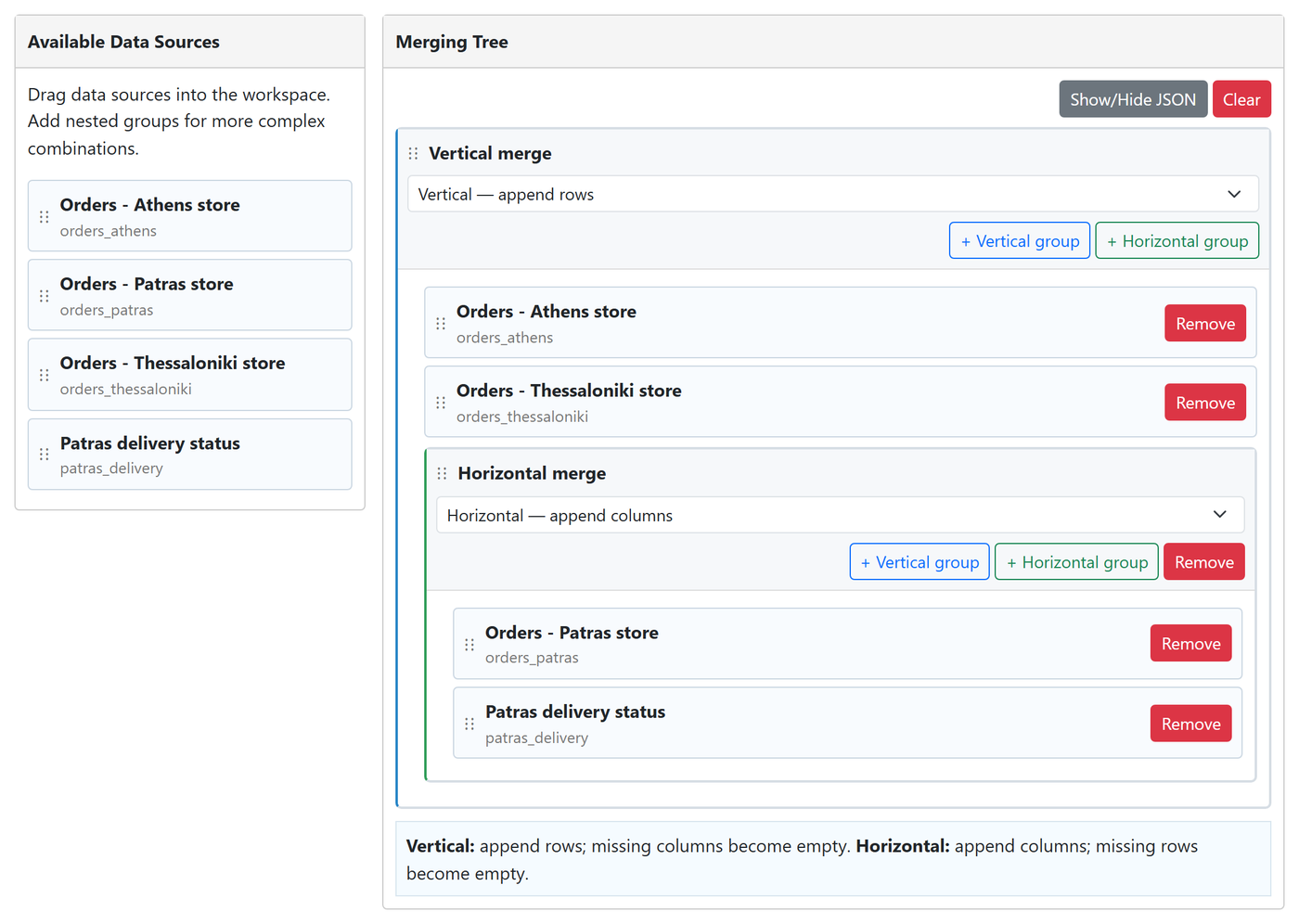The merging tree builder: on the left the available data sources; on the right a vertical merge of Orders - Athens store, Orders - Thessaloniki store and a nested horizontal merge of Orders - Patras store and Patras delivery status.