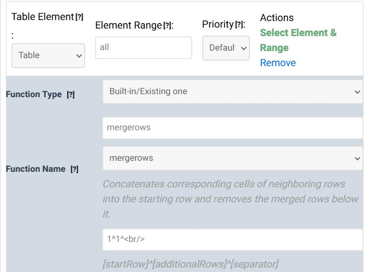 A Data Modification rule in step 5 of the Table Wizard with Function Name mergerows, its description, the arguments 1^1^<br/> and the argument format [startRow]^[additionalRows]^[separator].