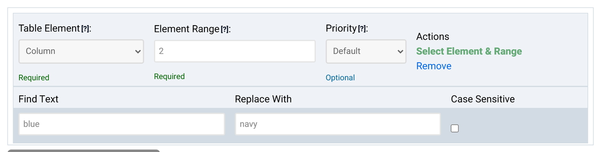 A Data Replacement rule for Column 2 that finds blue and replaces it with navy, not case sensitive.