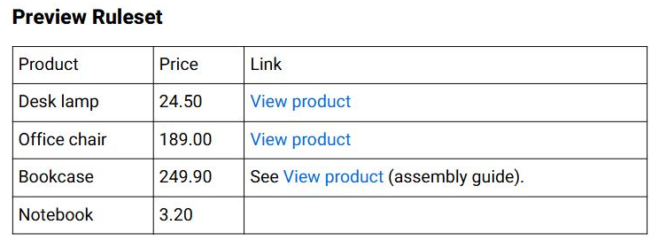 The table in step 6 (Preview) of the Table Wizard: the Link column shows View product as a link for the desk lamp, the office chair and, inside the sentence, the bookcase, and stays empty for the notebook.
