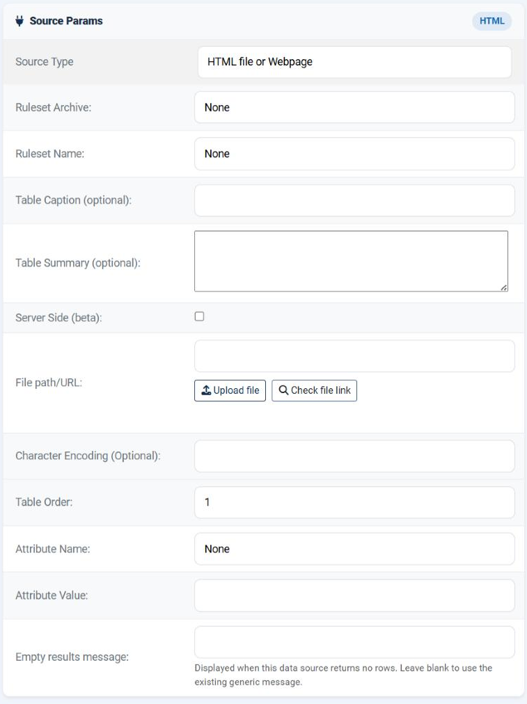 The Source Params card of an HTML file or Webpage data source in the Joomla administrator, showing the common fields and then File path/URL with its Upload file and Check file link buttons, Character Encoding, Table Order, Attribute Name, Attribute Value and Empty results message.