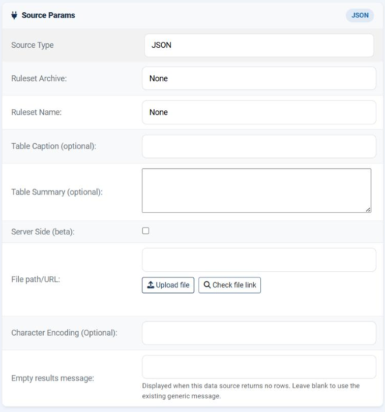 The Source Params card of a JSON data source in the Joomla administrator, showing the common fields and then File path/URL with its Upload file and Check file link buttons, Character Encoding and Empty results message, followed by the Cache card.