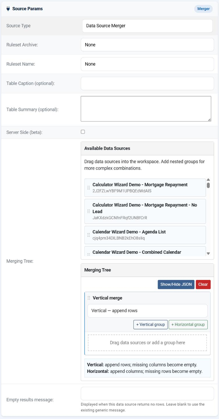 The Source Params card of a Data Source Merger in the Joomla administrator, showing the common fields, the Available Data Sources palette listing the data sources on the site, and the Merging Tree workspace with a Vertical merge node, the Add Vertical group and Add Horizontal group buttons, a drop zone and the note explaining vertical and horizontal merging.
