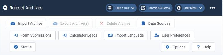 The Tabulizer dashboard toolbar in the Joomla administrator, with the buttons Import Archive, Export Archive(s), Delete Archive, Data Sources, Form Submissions, Calculator Leads, Import Language, User Preferences, Status, Options and Help.
